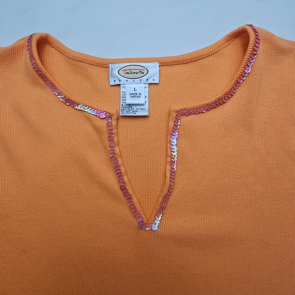 Talbots Petites LP PL **spot** Orange 3/4 Sleeve Ribbed Sequin V-Neck Shirt 1412